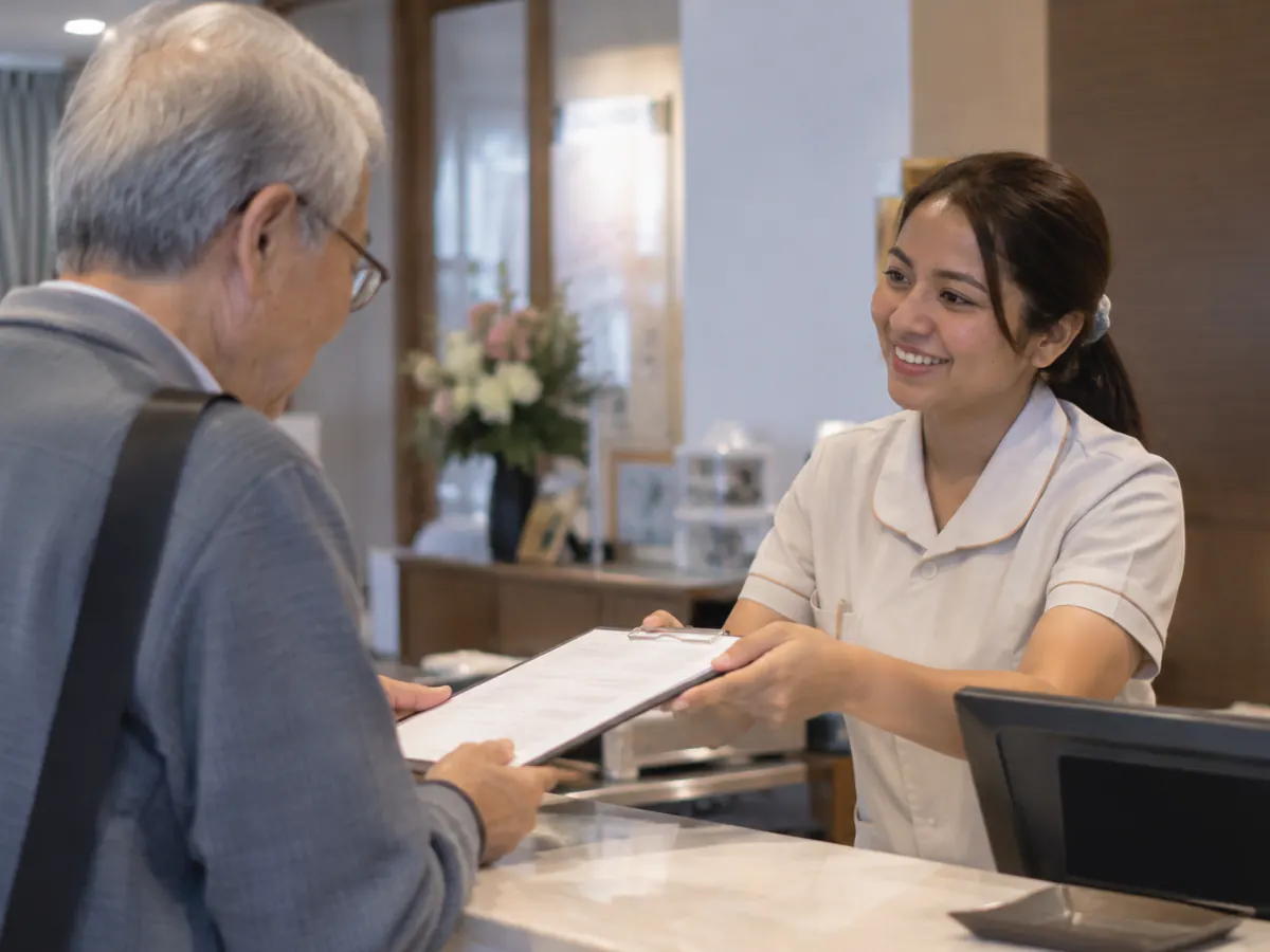 クリニックの受付で、外国人スタッフが年配の男性に用紙を手渡している