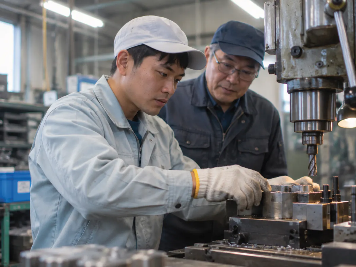 小さな町工場で、外国人スタッフが部品を加工し、年配の日本人の親方が横で見守っている