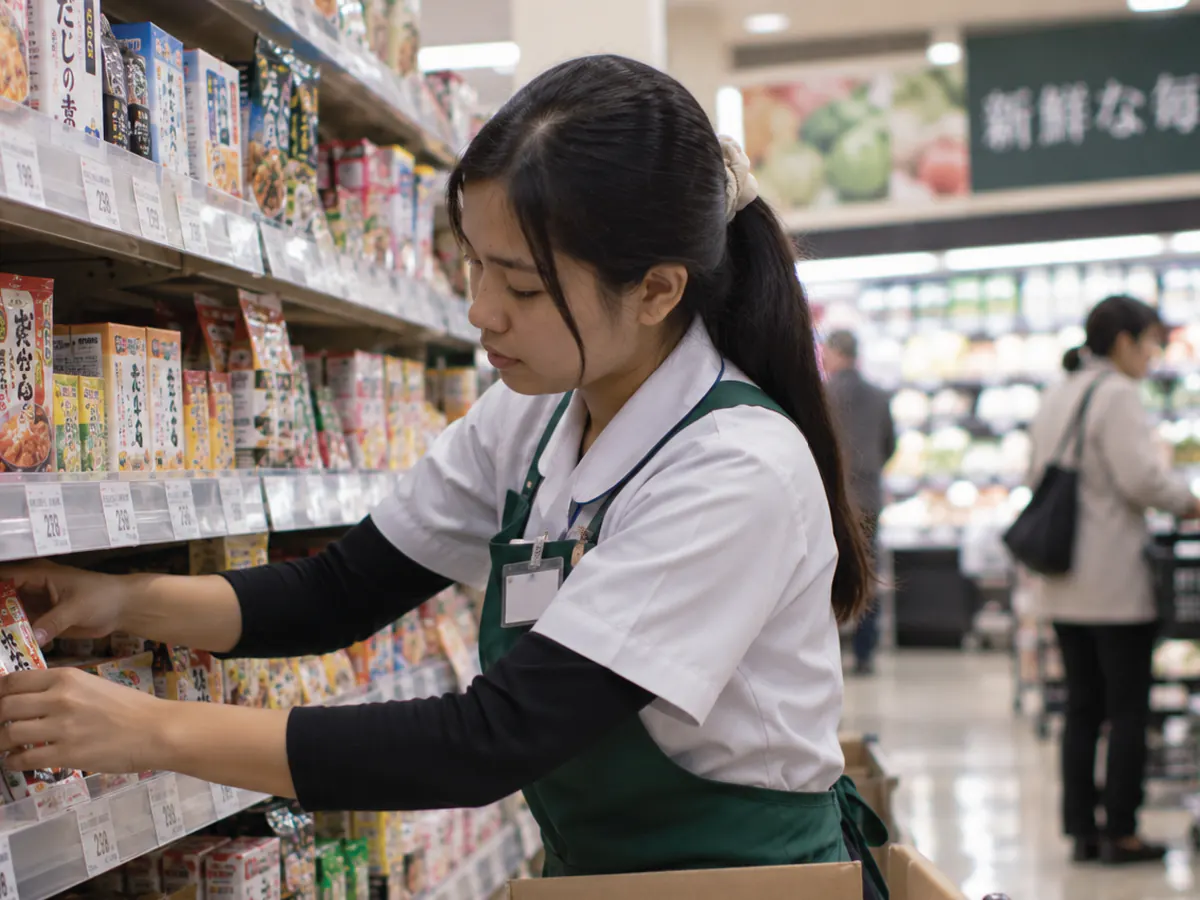 スーパーの売場で、外国人スタッフが商品を棚に補充している