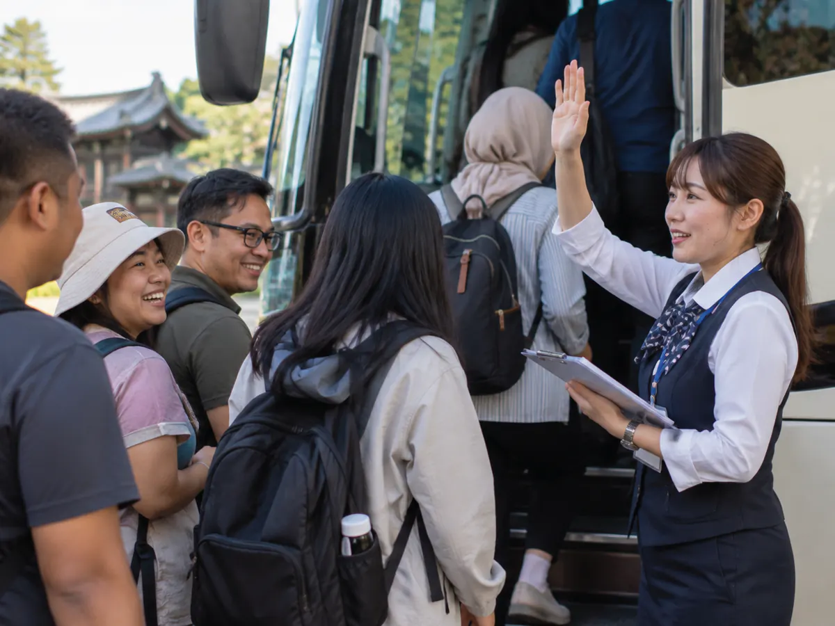 バスの乗車口で、ガイドが手を挙げて乗り込む一行を数えている