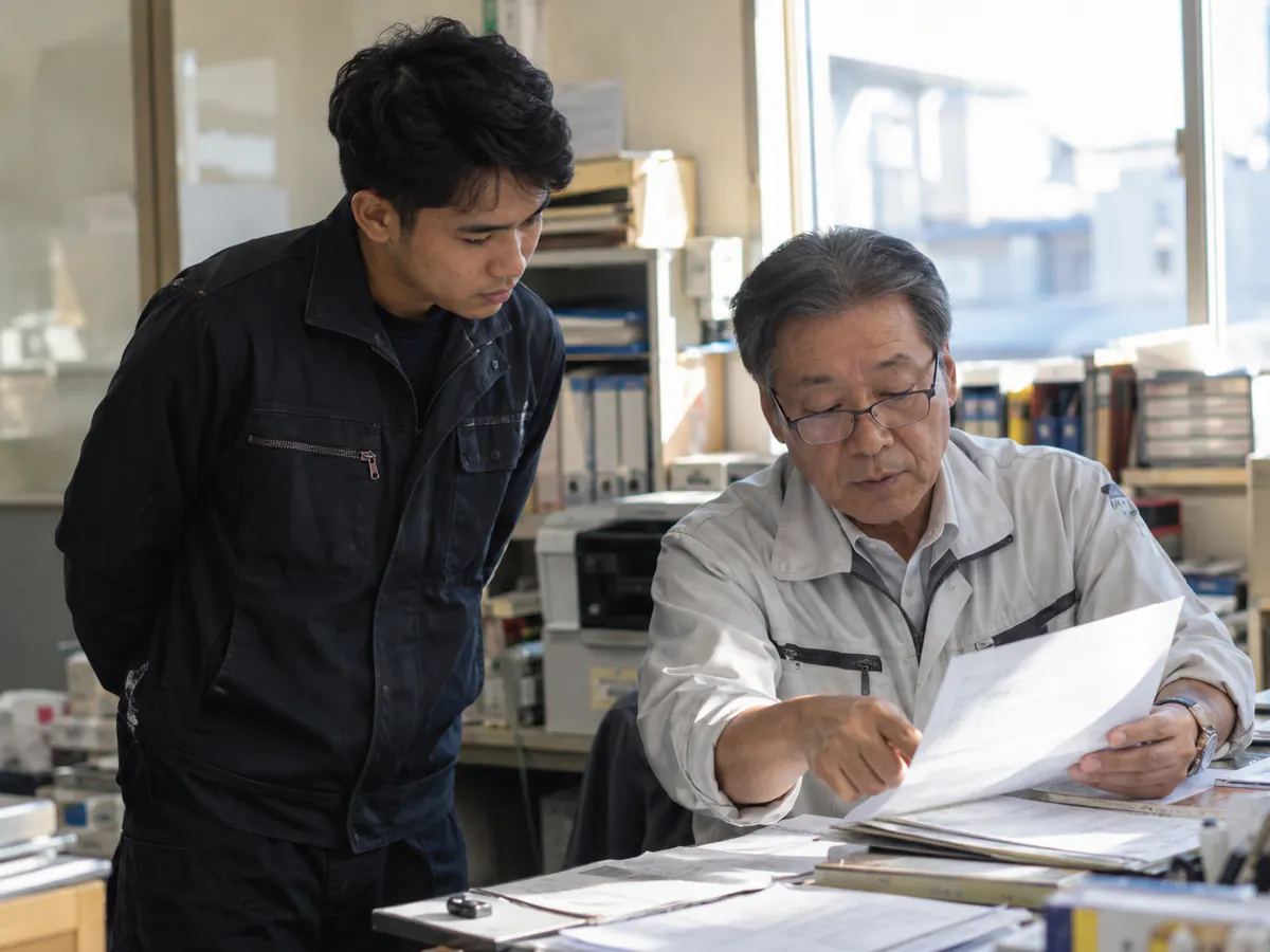 小さな会社の事務所で、60代の経営者が若い外国人社員に紙の予定表を見せて説明している