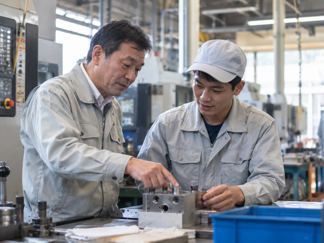 工場で、作業長と外国人スタッフが部品を確認している