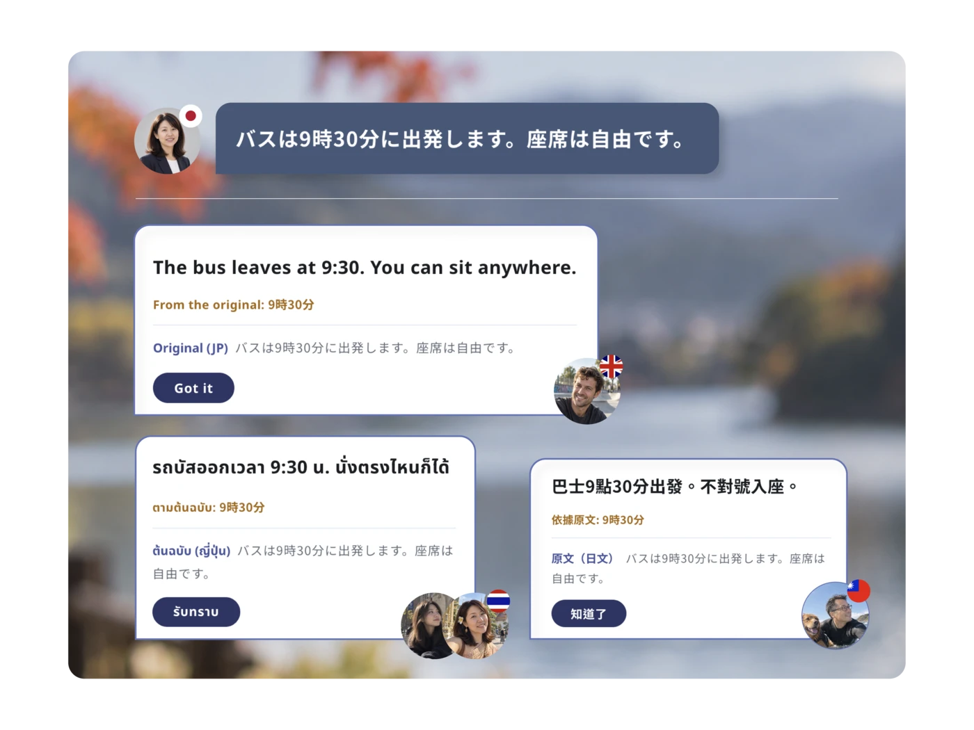 ガイドが日本語で書いた一つの案内が、参加者それぞれの言語と日本語の原文で届いている